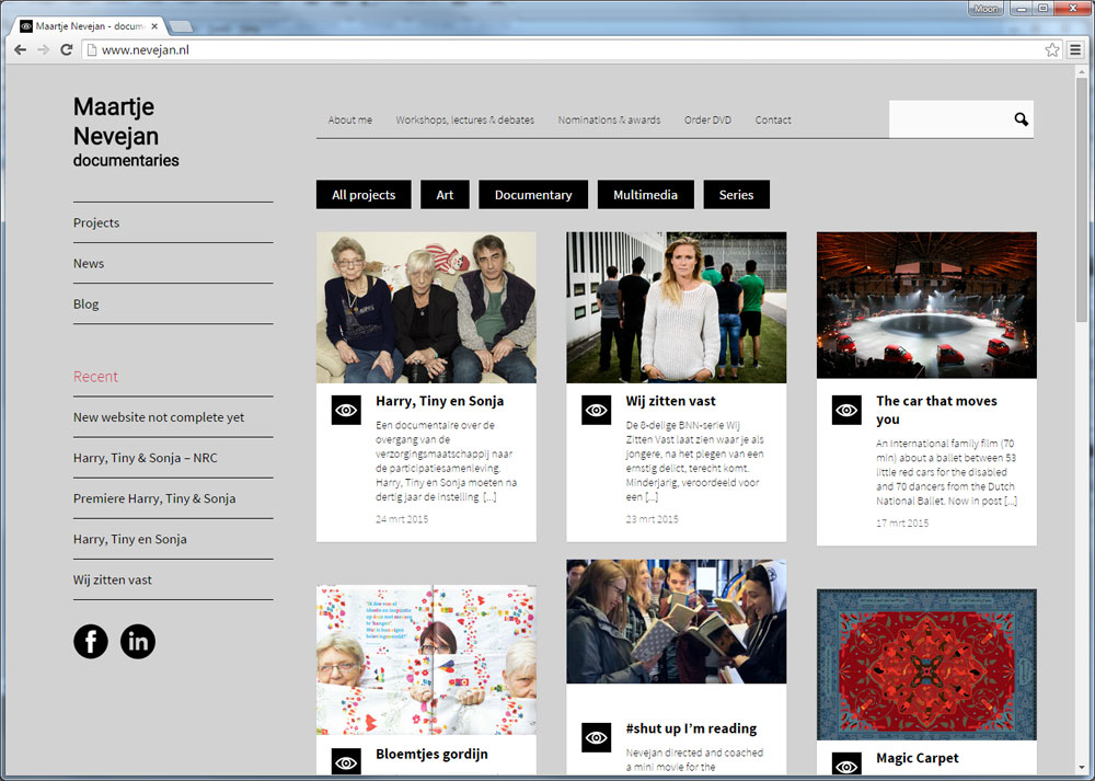 De homepage van Maartje met het overzicht van haar projecten