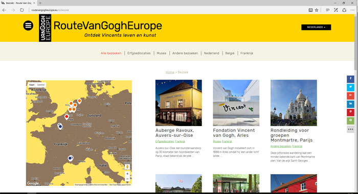 Het overzicht met het aanbod op de website RouteVanGoghEurope met de filters